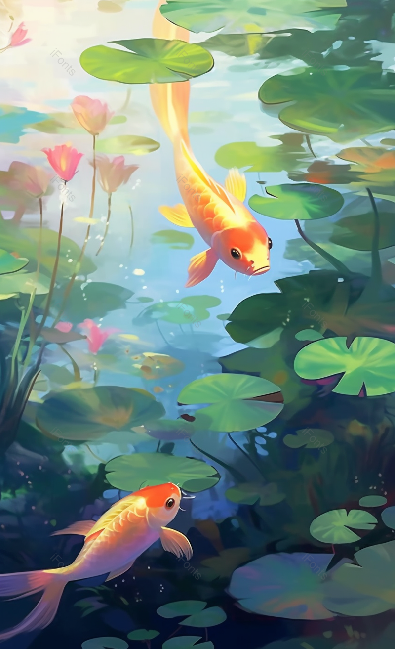 唯美清新鱼戏莲叶中绿色插画背景,插画/手绘图,插画/手绘图库,插画/手绘图下载,插画/手绘